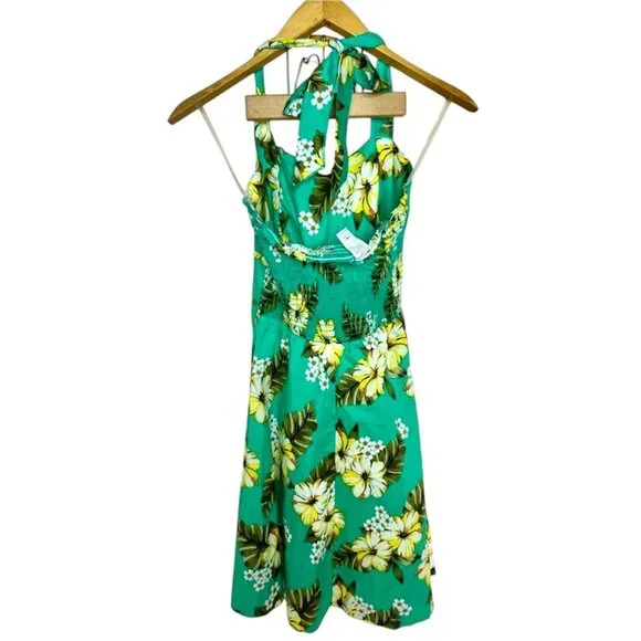 Sara USA Tropical Cotton Halter Dress With Smocked Back Green & Yellow Floral 30 - Picture 5 of 7